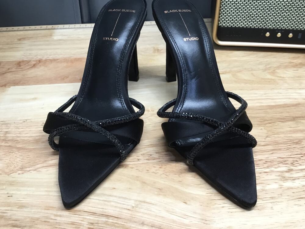 Black Suede Studio Heels Women's 7.5 Black Slip-On Embellished Cocktail Sandals